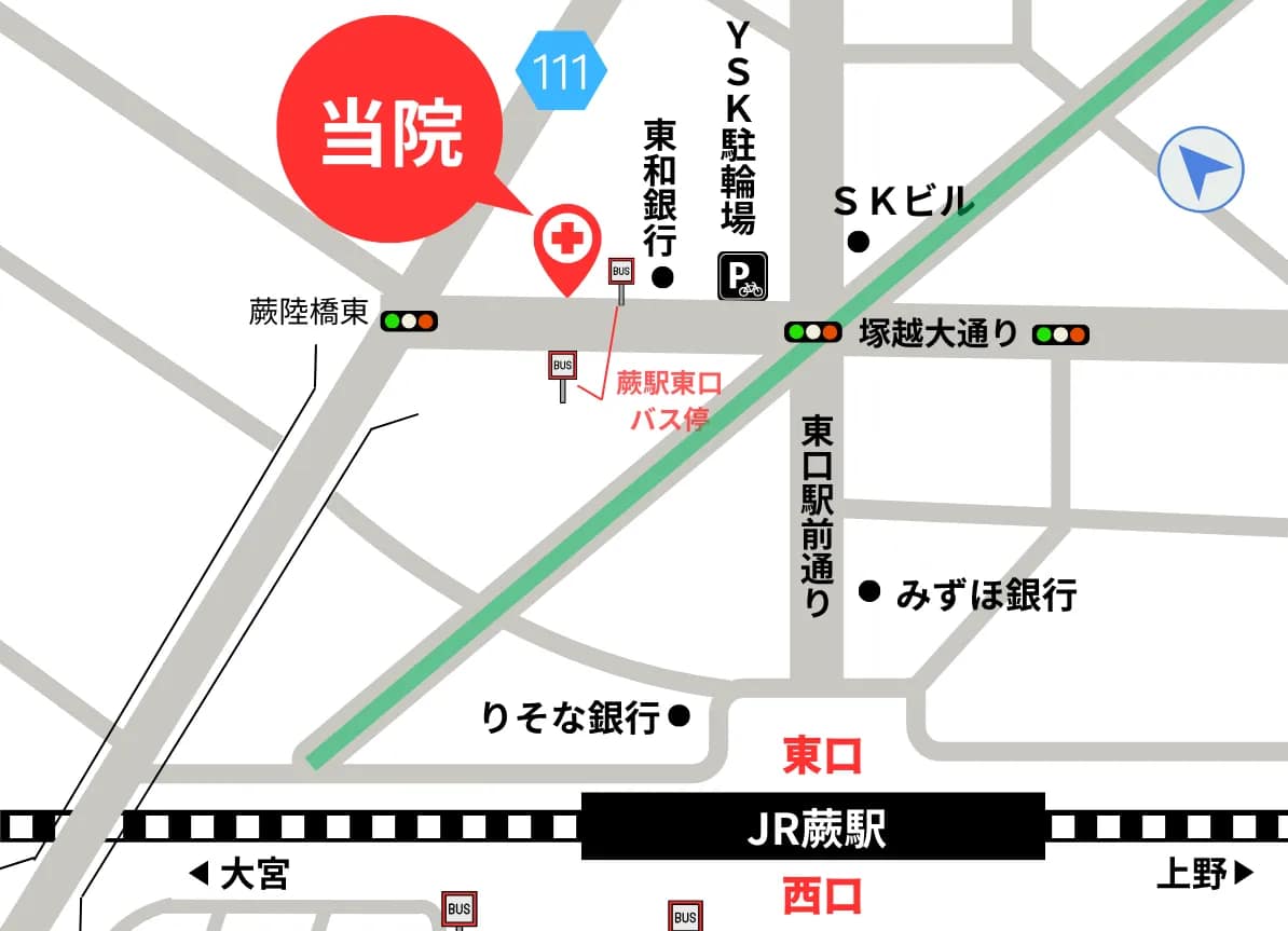 川口市 蕨(わらび)駅東口、内科、糖尿病、塚越大通り、東口駅前通り、東和銀行近く、蕨駅東口バス停下車すぐ。